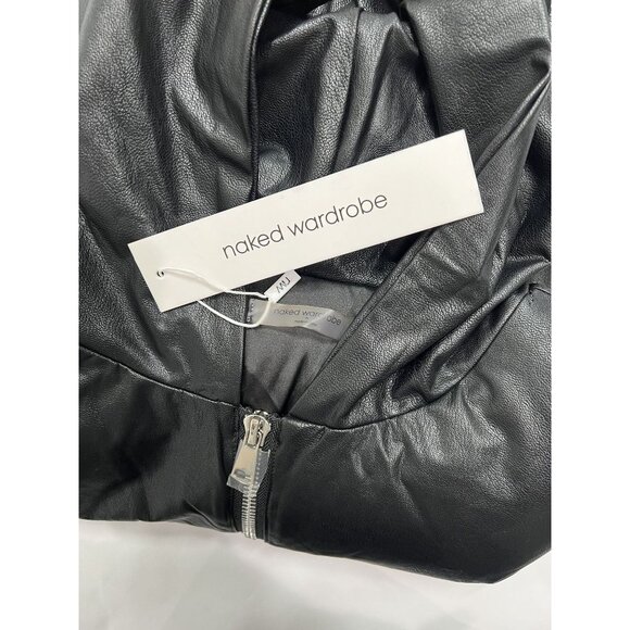 Naked Wardrobem Faux Leather Hooded Zip Up Bomber Jacket in Black - Picture 3 of 3